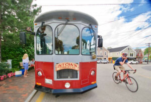 Catch a sightseeing tour to know the town better. kennebunk-jd-trolly