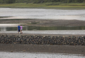 A couple walks on the causeway at low tide. york-jd-couple-walk