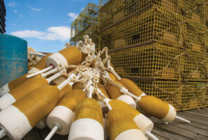 Lobster posts and buoys line the dock waiting for their return to duty. york-jd-lobster-pots-buoy