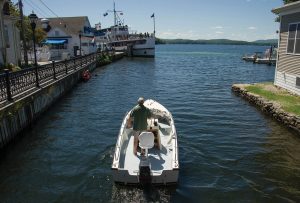 After leaving Back Bay, a boater approaches the Mount Washington, which makes stops in Wolfeboro. wolfeborough-kb-heading-out-of-bay