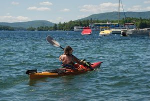 Kayaking is a popular way to enjoy the waters off Wolfeboro. wolfeborough-kb-paddler