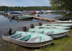 Rental boats line the shore at O'Hara's. litchfield-lakes-cd-boats-lined-up